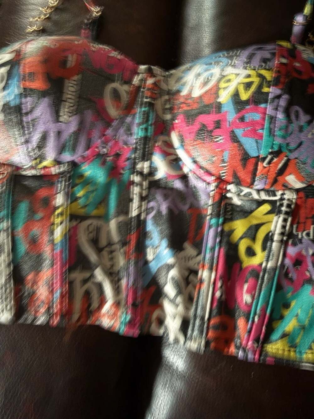 Say What NY Graffiti Print Faux Leather Bustier Corset Top - Picture 2 of 6